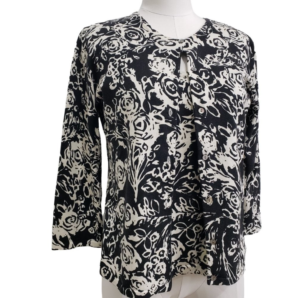 Jillian Jones Black & Cream Floral Print Silk Blend Twin Set, M
